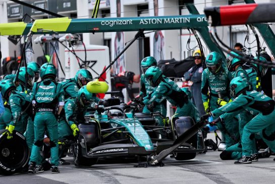 Lance Stroll (CDN) Aston Martin F1 Team AMR23 makes a pit stop.
18.06.2023. Formula 1 World Championship, Rd 9, Canadian Grand Prix, Montreal, Canada, Race Day.
- www.xpbimages.com, EMail: requests@xpbimages.com © Copyright: Batchelor / XPB Images