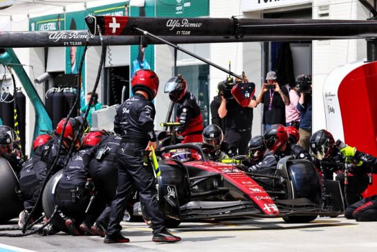 Zhou Guanyu (CHN) Alfa Romeo F1 Team C43 makes a pit stop.
18.06.2023. Formula 1 World Championship, Rd 9, Canadian Grand Prix, Montreal, Canada, Race Day.
- www.xpbimages.com, EMail: requests@xpbimages.com © Copyright: Batchelor / XPB Images
