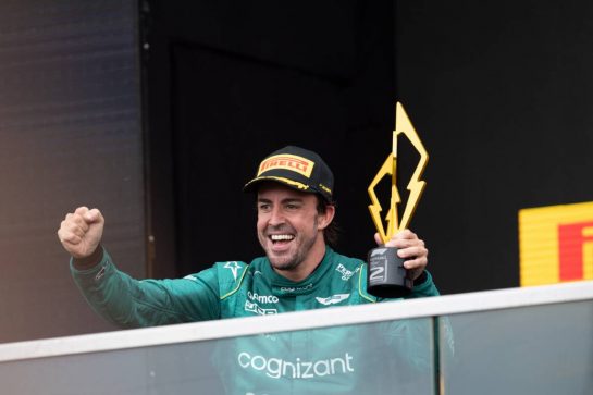 Fernando Alonso (ESP) Aston Martin F1 Team celebrates his second position on the podium.
18.06.2023. Formula 1 World Championship, Rd 9, Canadian Grand Prix, Montreal, Canada, Race Day.
- www.xpbimages.com, EMail: requests@xpbimages.com © Copyright: Price / XPB Images