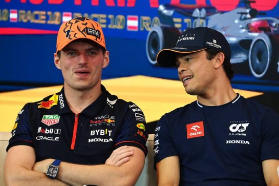 (L to R): Max Verstappen (NLD) Red Bull Racing and Nyck de Vries (NLD) AlphaTauri in the FIA Press Conference.
29.06.2023. Formula 1 World Championship, Rd 10, Austrian Grand Prix, Spielberg, Austria, Preparation Day.
- www.xpbimages.com, EMail: requests@xpbimages.com © Copyright: XPB Images