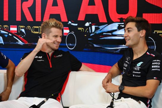 (L to R): Nico Hulkenberg (GER) Haas F1 Team and George Russell (GBR) Mercedes AMG F1 in the FIA Press Conference.
29.06.2023. Formula 1 World Championship, Rd 10, Austrian Grand Prix, Spielberg, Austria, Preparation Day.
- www.xpbimages.com, EMail: requests@xpbimages.com © Copyright: XPB Images