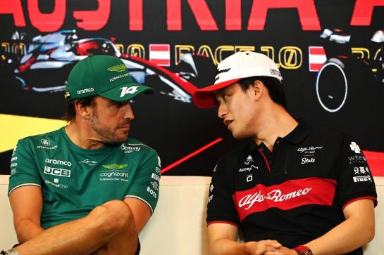 (L to R): Fernando Alonso (ESP) Aston Martin F1 Team and Zhou Guanyu (CHN) Alfa Romeo F1 Team in the FIA Press Conference.
29.06.2023. Formula 1 World Championship, Rd 10, Austrian Grand Prix, Spielberg, Austria, Preparation Day.
- www.xpbimages.com, EMail: requests@xpbimages.com © Copyright: XPB Images