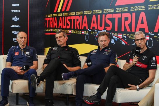 (L to R): Franz Tost (AUT) AlphaTauri Team Principal; Guenther Steiner (ITA) Haas F1 Team Prinicipal; Christian Horner (GBR) Red Bull Racing Team Principal; and Alessandro Alunni Bravi (ITA) Alfa Romeo F1 Team Managing Director and Team Representative, in the FIA Press Conference.
30.06.2023. Formula 1 World Championship, Rd 10, Austrian Grand Prix, Spielberg, Austria, Qualifying Day.
- www.xpbimages.com, EMail: requests@xpbimages.com © Copyright: XPB Images
