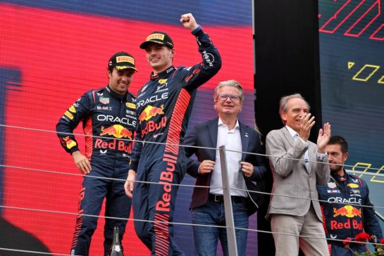 Race winner Max Verstappen (NLD) Red Bull Racing on the podium.
02.07.2023. Formula 1 World Championship, Rd 10, Austrian Grand Prix, Spielberg, Austria, Race Day.
- www.xpbimages.com, EMail: requests@xpbimages.com © Copyright: Moy / XPB Images