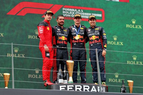 The podium (L to R): Charles Leclerc (MON) Ferrari, second; Phil Turner (GBR) Red Bull Racing Chief Mechanic; Max Verstappen (NLD) Red Bull Racing, race winner; Sergio Perez (MEX) Red Bull Racing, third.
02.07.2023. Formula 1 World Championship, Rd 10, Austrian Grand Prix, Spielberg, Austria, Race Day.
- www.xpbimages.com, EMail: requests@xpbimages.com © Copyright: Moy / XPB Images