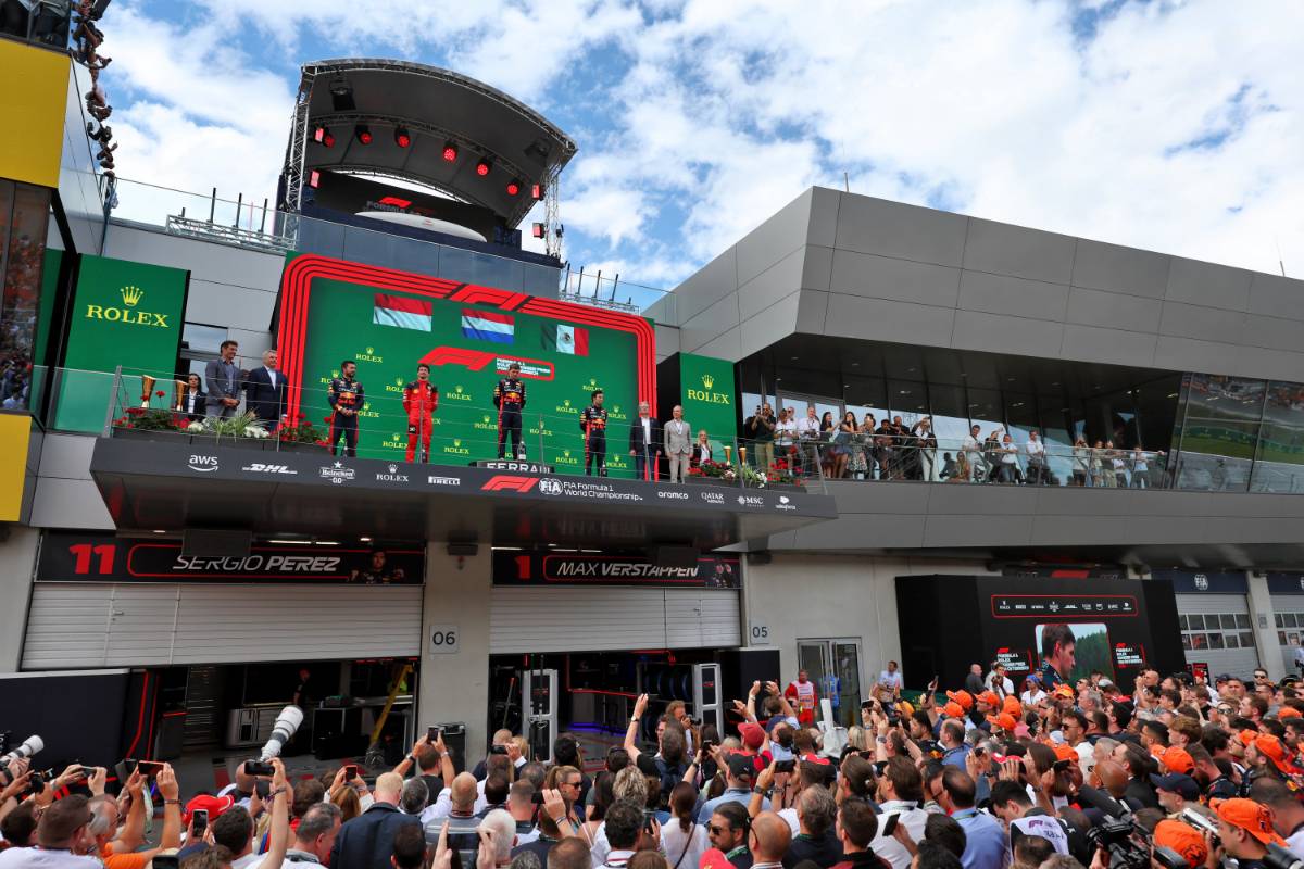 The podium (L to R): Phil Turner (GBR) Red Bull Racing Chief Mechanic; Charles Leclerc (MON) Ferrari, second; Max Verstappen (NLD) Red Bull Racing, race winner; Sergio Perez (MEX) Red Bull Racing, third. 02.07.2023. Formula 1 World Championship, Rd 10, Austrian Grand Prix, Spielberg, Austria, Race Day. - www.xpbimages.com, EMail: requests@xpbimages.com © Copyright: Moy / XPB Images