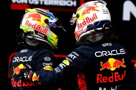 (L to R): Sergio Perez (MEX) Red Bull Racing with race winner and team mate Max Verstappen (NLD) Red Bull Racing in parc ferme.
02.07.2023. Formula 1 World Championship, Rd 10, Austrian Grand Prix, Spielberg, Austria, Race Day.
- www.xpbimages.com, EMail: requests@xpbimages.com © Copyright: Coates / XPB Images