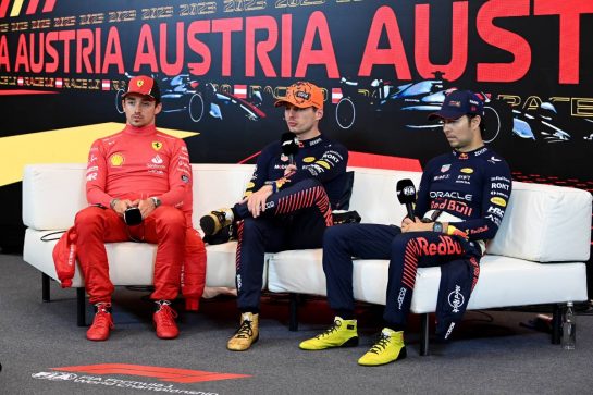 (L to R): Charles Leclerc (MON) Ferrari; Max Verstappen (NLD) Red Bull Racing; and Sergio Perez (MEX) Red Bull Racing, in the post race FIA Press Conference.
02.07.2023. Formula 1 World Championship, Rd 10, Austrian Grand Prix, Spielberg, Austria, Race Day.
- www.xpbimages.com, EMail: requests@xpbimages.com © Copyright: XPB Images