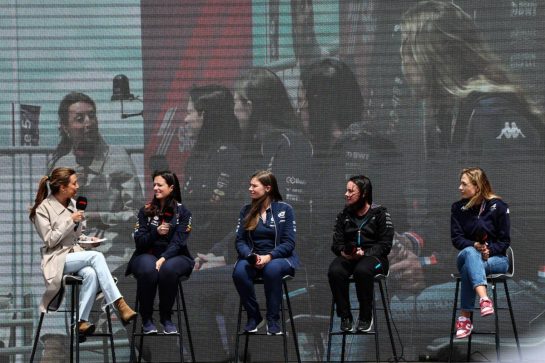 Women in Motorsport on the FanZone Stage (L to R): Hannah Schmitz (GBR) Red Bull Racing Principal Strategy Engineer; Carine Cridelich, AlphaTauri Race Strategy Engineer; Ellie Williams (GBR) Alpine F1 Team Sub Assembly Coordinator; Sophia Florsch (GER) Alpine Academy Driver.
06.07.2023. Formula 1 World Championship, Rd 11, British Grand Prix, Silverstone, England, Preparation Day.
- www.xpbimages.com, EMail: requests@xpbimages.com © Copyright: Charniaux / XPB Images