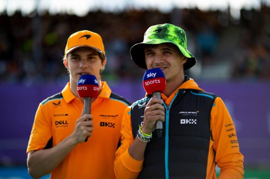 (L to R): Oscar Piastri (AUS) McLaren with Lando Norris (GBR) McLaren.
06.07.2023. Formula 1 World Championship, Rd 11, British Grand Prix, Silverstone, England, Preparation Day.
- www.xpbimages.com, EMail: requests@xpbimages.com © Copyright: Staley / XPB Images
