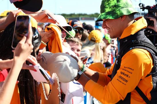 Lando Norris (GBR) McLaren with fans.
07.07.2023. Formula 1 World Championship, Rd 11, British Grand Prix, Silverstone, England, Practice Day.
 - www.xpbimages.com, EMail: requests@xpbimages.com © Copyright: Coates / XPB Images