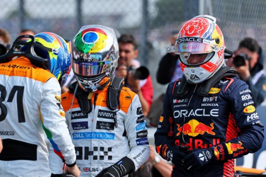 (L to R): Oscar Piastri (AUS) McLaren; Lando Norris (GBR) McLaren; and Max Verstappen (NLD) Red Bull Racing in qualifying parc ferme.
08.07.2023. Formula 1 World Championship, Rd 11, British Grand Prix, Silverstone, England, Qualifying Day.
- www.xpbimages.com, EMail: requests@xpbimages.com © Copyright: Batchelor / XPB Images