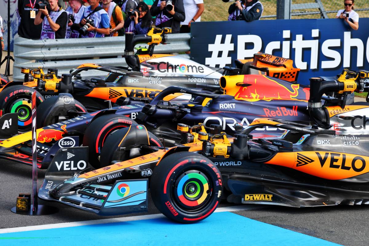 Top three cars in qualifying parc ferme: Lando Norris (GBR) McLaren MCL60; Max Verstappen (NLD) Red Bull Racing RB19; Oscar Piastri (AUS) McLaren MCL60.
08.07.2023. Formula 1 World Championship, Rd 11, British Grand Prix, Silverstone, England, Qualifying Day.
- www.xpbimages.com, EMail: requests@xpbimages.com © Copyright: Batchelor / XPB Images