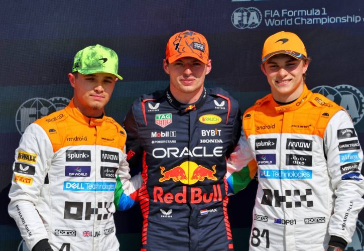 Top three in qualifying parc ferme (L to R): Lando Norris (GBR) McLaren, second; Max Verstappen (NLD) Red Bull Racing, pole position; Oscar Piastri (AUS) McLaren, third. 08.07.2023. Formula 1 World Championship, Rd 11, British Grand Prix, Silverstone, England, Qualifying Day. - www.xpbimages.com, EMail: requests@xpbimages.com © Copyright: Batchelor / XPB Images