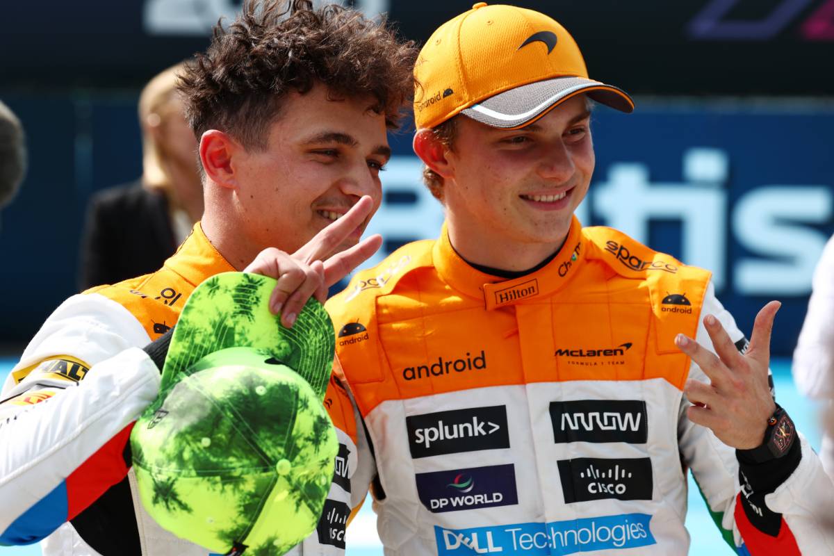 (L to R): Lando Norris (GBR) McLaren celebrates his second position in qualifying parc ferme with third placed team mate Oscar Piastri (AUS) McLaren.
08.07.2023. Formula 1 World Championship, Rd 11, British Grand Prix, Silverstone, England, Qualifying Day.
- www.xpbimages.com, EMail: requests@xpbimages.com © Copyright: Coates / XPB Images