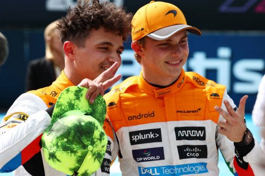 (L to R): Lando Norris (GBR) McLaren celebrates his second position in qualifying parc ferme with third placed team mate Oscar Piastri (AUS) McLaren.
08.07.2023. Formula 1 World Championship, Rd 11, British Grand Prix, Silverstone, England, Qualifying Day.
- www.xpbimages.com, EMail: requests@xpbimages.com © Copyright: Coates / XPB Images