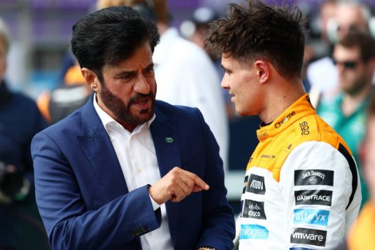 (L to R): Mohammed Bin Sulayem (UAE) FIA President with second placed Lando Norris (GBR) McLaren in qualifying parc ferme.
08.07.2023. Formula 1 World Championship, Rd 11, British Grand Prix, Silverstone, England, Qualifying Day.
- www.xpbimages.com, EMail: requests@xpbimages.com © Copyright: Coates / XPB Images