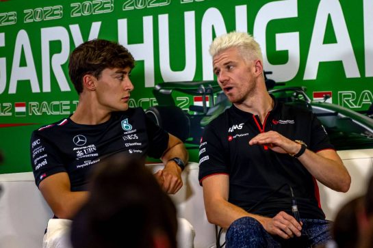 (L to R): George Russell (GBR) Mercedes AMG F1 and Nico Hulkenberg (GER) Haas F1 Team in the FIA Press Conference.
20.07.2023. Formula 1 World Championship, Rd 12, Hungarian Grand Prix, Budapest, Hungary, Preparation Day.
- www.xpbimages.com, EMail: requests@xpbimages.com © Copyright: XPB Images
