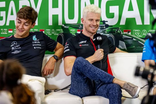 (L to R): George Russell (GBR) Mercedes AMG F1 and Nico Hulkenberg (GER) Haas F1 Team in the FIA Press Conference.
20.07.2023. Formula 1 World Championship, Rd 12, Hungarian Grand Prix, Budapest, Hungary, Preparation Day.
- www.xpbimages.com, EMail: requests@xpbimages.com © Copyright: XPB Images