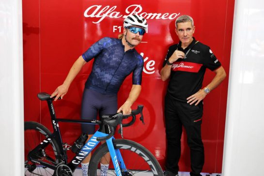 (L to R): Valtteri Bottas (FIN) Alfa Romeo F1 Team with his Canyon bicycle and Xevi Pujolar (ESP) Alfa Romeo F1 Team Head of Trackside Engineering.20.07.2023. Formula 1 World Championship, Rd 12, Hungarian Grand Prix, Budapest, Hungary, Preparation Day.
- www.xpbimages.com, EMail: requests@xpbimages.com © Copyright: Bearne / XPB Images
