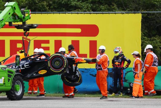 Sergio Perez (MEX) Red Bull Racing RB19 crashed in the first practice session.
21.07.2023. Formula 1 World Championship, Rd 12, Hungarian Grand Prix, Budapest, Hungary, Practice Day.
- www.xpbimages.com, EMail: requests@xpbimages.com © Copyright: Coates / XPB Images