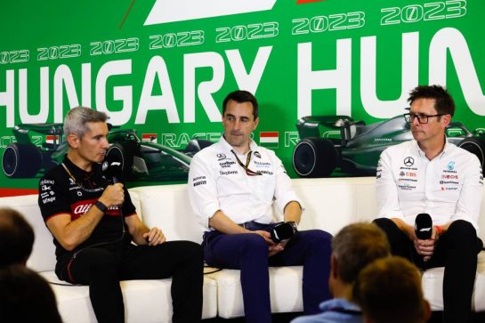 (L to R): Xevi Pujolar (ESP) Alfa Romeo F1 Team Head of Trackside Engineering; Dave Robson (GBR) Williams Racing Head of Vehicle Performance; and Andrew Shovlin (GBR) Mercedes AMG F1 Trackside Engineering Director, in the FIA Press Conference.
21.07.2023. Formula 1 World Championship, Rd 12, Hungarian Grand Prix, Budapest, Hungary, Practice Day.
- www.xpbimages.com, EMail: requests@xpbimages.com © Copyright: XPB Images
