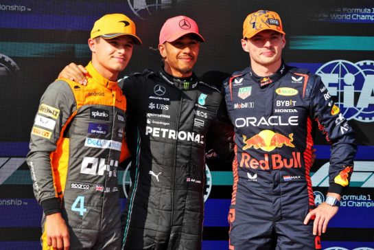 Qualifying top three in parc ferme (L to R): Lando Norris (GBR) McLaren, third; Lewis Hamilton (GBR) Mercedes AMG F1, pole position; Max Verstappen (NLD) Red Bull Racing, second.
22.07.2023. Formula 1 World Championship, Rd 12, Hungarian Grand Prix, Budapest, Hungary, Qualifying Day.
- www.xpbimages.com, EMail: requests@xpbimages.com © Copyright: Bearne / XPB Images