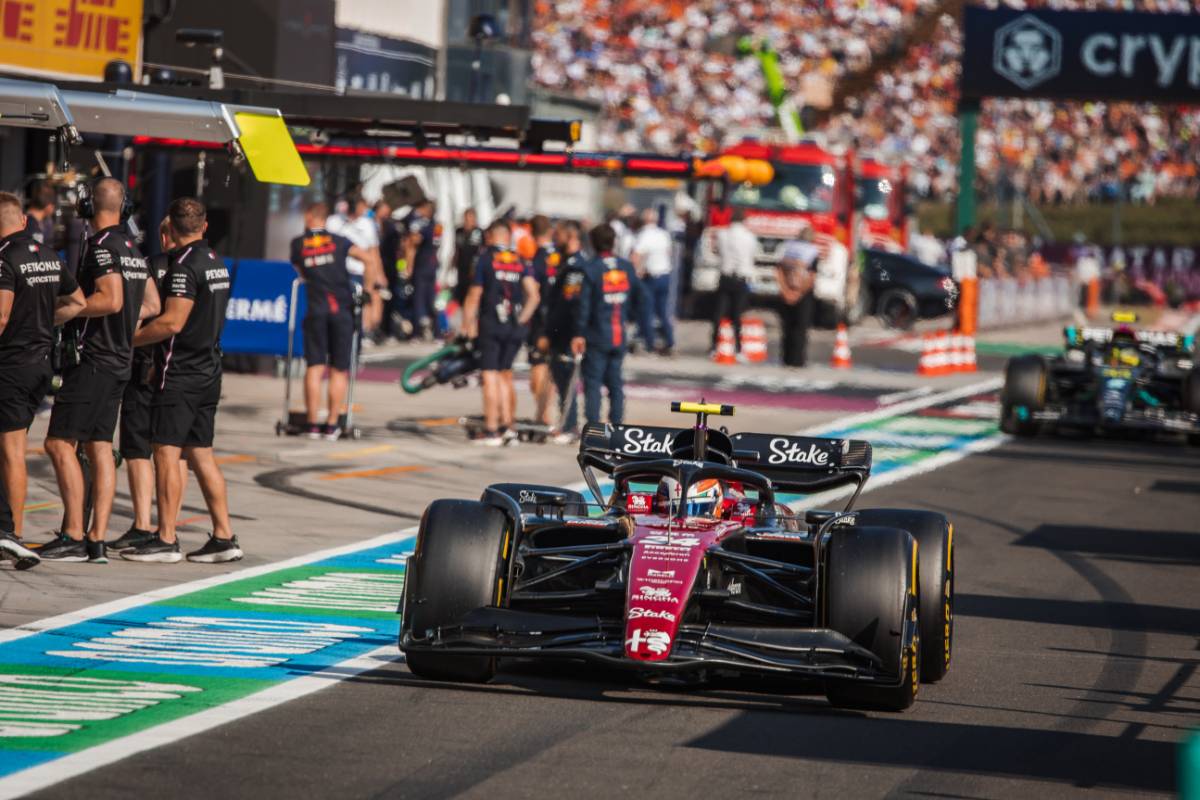 Zhou Guanyu (CHN) Alfa Romeo F1 Team C43 in the pits. 22.07.2023. Formula 1 World Championship, Rd 12, Hungarian Grand Prix, Budapest, Hungary, Qualifying Day. - www.xpbimages.com, EMail: requests@xpbimages.com © Copyright: Bearne / XPB Images