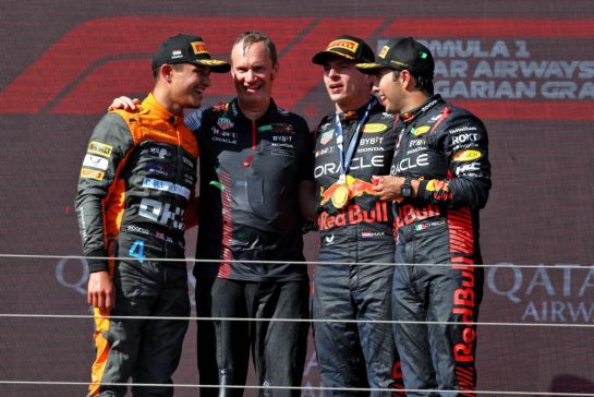 The podium (L to R): Lando Norris (GBR) McLaren, second; Paul Monaghan (GBR) Red Bull Racing Chief Engineer; Max Verstappen (NLD) Red Bull Racing, race winner; Sergio Perez (MEX) Red Bull Racing, third.
23.07.2023. Formula 1 World Championship, Rd 12, Hungarian Grand Prix, Budapest, Hungary, Race Day.
- www.xpbimages.com, EMail: requests@xpbimages.com © Copyright: Moy / XPB Images