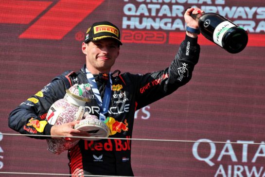 Race winner Max Verstappen (NLD) Red Bull Racing celebrates on the podium.
23.07.2023. Formula 1 World Championship, Rd 12, Hungarian Grand Prix, Budapest, Hungary, Race Day.
- www.xpbimages.com, EMail: requests@xpbimages.com © Copyright: Moy / XPB Images