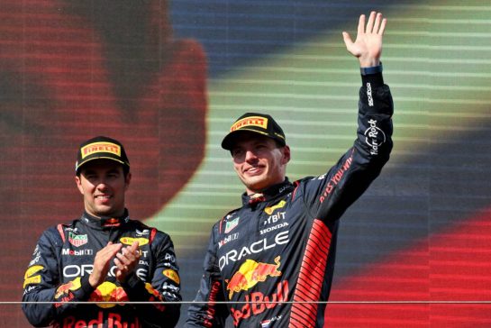 Race winner Max Verstappen (NLD) Red Bull Racing celebrates on the podium with third placed team mate Sergio Perez (MEX) Red Bull Racing.
23.07.2023. Formula 1 World Championship, Rd 12, Hungarian Grand Prix, Budapest, Hungary, Race Day.
- www.xpbimages.com, EMail: requests@xpbimages.com © Copyright: Moy / XPB Images