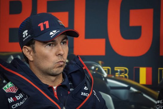Sergio Perez (MEX) Red Bull Racing in the FIA Press Conference.
27.07.2023. Formula 1 World Championship, Rd 13, Belgian Grand Prix, Spa Francorchamps, Belgium, Preparation Day.
- www.xpbimages.com, EMail: requests@xpbimages.com © Copyright: Bearne / XPB Images