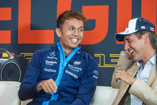 (L to R): Alexander Albon (THA) Williams Racing and Tom Clarkson (GBR) Journalist in the FIA Press Conference.
27.07.2023. Formula 1 World Championship, Rd 13, Belgian Grand Prix, Spa Francorchamps, Belgium, Preparation Day.
- www.xpbimages.com, EMail: requests@xpbimages.com © Copyright: Bearne / XPB Images