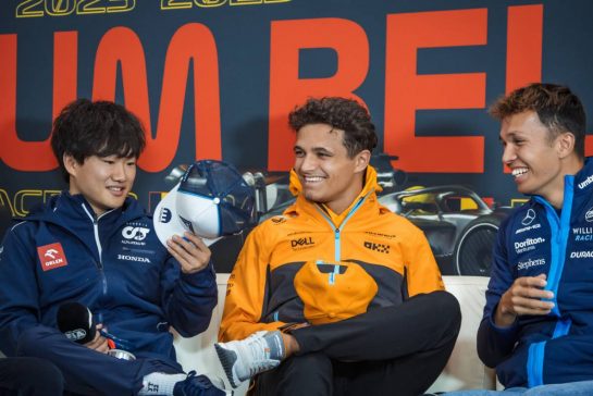 (L to R): Yuki Tsunoda (JPN) AlphaTauri; Lando Norris (GBR) McLaren; and Alexander Albon (THA) Williams Racing, in the FIA Press Conference.
27.07.2023. Formula 1 World Championship, Rd 13, Belgian Grand Prix, Spa Francorchamps, Belgium, Preparation Day.
- www.xpbimages.com, EMail: requests@xpbimages.com © Copyright: Bearne / XPB Images