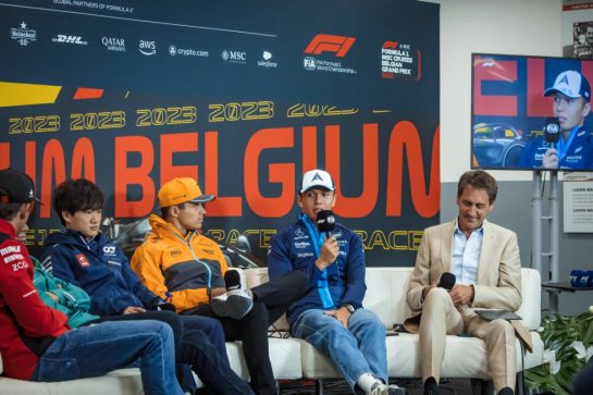 (L to R): Charles Leclerc (MON) Ferrari; Lance Stroll (CDN) Aston Martin F1 Team; Yuki Tsunoda (JPN) AlphaTauri; Lando Norris (GBR) McLaren; and Alexander Albon (THA) Williams Racing, in the FIA Press Conference.
27.07.2023. Formula 1 World Championship, Rd 13, Belgian Grand Prix, Spa Francorchamps, Belgium, Preparation Day.
- www.xpbimages.com, EMail: requests@xpbimages.com © Copyright: Bearne / XPB Images