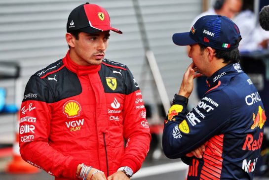 (L to R): Charles Leclerc (MON) Ferrari with Sergio Perez (MEX) Red Bull Racing in qualifying parc ferme.
28.07.2023. Formula 1 World Championship, Rd 13, Belgian Grand Prix, Spa Francorchamps, Belgium, Qualifying Day.
- www.xpbimages.com, EMail: requests@xpbimages.com © Copyright: Batchelor / XPB Images