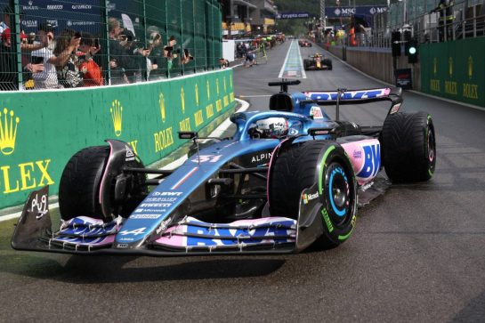 Esteban Ocon (FRA) Alpine F1 Team A523 leaves the pits.
28.07.2023. Formula 1 World Championship, Rd 13, Belgian Grand Prix, Spa Francorchamps, Belgium, Qualifying Day.
- www.xpbimages.com, EMail: requests@xpbimages.com © Copyright: Bearne / XPB Images