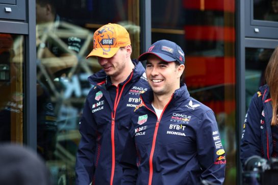 Sergio Perez (MEX) Red Bull Racing and team mate Max Verstappen (NLD) Red Bull Racing.
29.07.2023. Formula 1 World Championship, Rd 13, Belgian Grand Prix, Spa Francorchamps, Belgium, Sprint Day.
- www.xpbimages.com, EMail: requests@xpbimages.com © Copyright: Batchelor / XPB Images