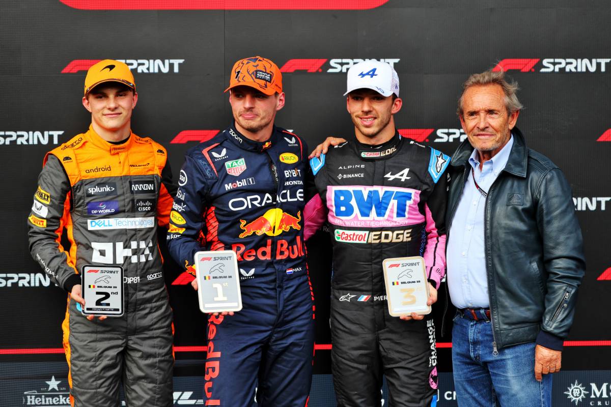 Top three in Sprint parc ferme (L to R): Oscar Piastri (AUS) McLaren, second; Max Verstappen (NLD) Red Bull Racing, winner; Pierre Gasly (FRA) Alpine F1 Team, third; Jacky Ickx (BEL). 29.07.2023. Formula 1 World Championship, Rd 13, Belgian Grand Prix, Spa Francorchamps, Belgium, Sprint Day. - www.xpbimages.com, EMail: requests@xpbimages.com © Copyright: Batchelor / XPB Images
