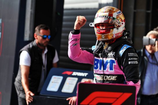 Pierre Gasly (FRA) Alpine F1 Team celebrates his third position in Sprint parc ferme.
29.07.2023. Formula 1 World Championship, Rd 13, Belgian Grand Prix, Spa Francorchamps, Belgium, Sprint Day.
- www.xpbimages.com, EMail: requests@xpbimages.com © Copyright: Moy / XPB Images