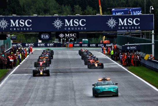 Max Verstappen (NLD) Red Bull Racing RB19 leads on the formation lap behind the Aston Martin FIA Safety Car.
29.07.2023. Formula 1 World Championship, Rd 13, Belgian Grand Prix, Spa Francorchamps, Belgium, Sprint Day.
- www.xpbimages.com, EMail: requests@xpbimages.com © Copyright: Coates / XPB Images