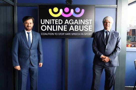 (L to R): Mohammed Bin Sulayem (UAE) FIA President with Jorge Viegas (ESP) FIM President - united against online abuse.
30.07.2023. Formula 1 World Championship, Rd 13, Belgian Grand Prix, Spa Francorchamps, Belgium, Race Day.
- www.xpbimages.com, EMail: requests@xpbimages.com © Copyright: Moy / XPB Images