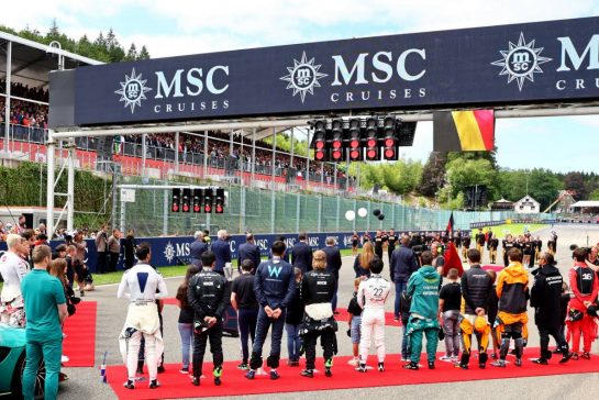 Drivers as the grid observes the national anthem.
30.07.2023. Formula 1 World Championship, Rd 13, Belgian Grand Prix, Spa Francorchamps, Belgium, Race Day.
- www.xpbimages.com, EMail: requests@xpbimages.com © Copyright: Batchelor / XPB Images