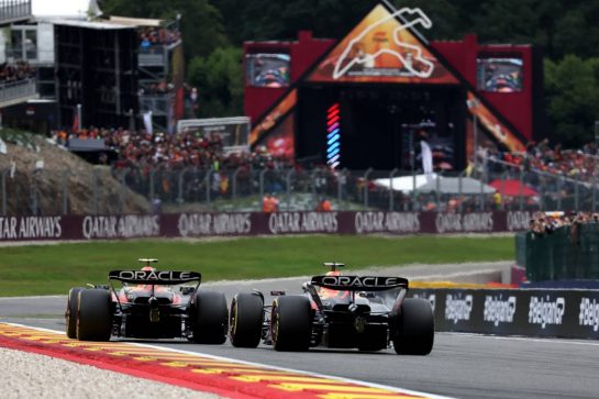 Sergio Perez (MEX) Red Bull Racing RB19 leads team mate Max Verstappen (NLD) Red Bull Racing RB19.
30.07.2023. Formula 1 World Championship, Rd 13, Belgian Grand Prix, Spa Francorchamps, Belgium, Race Day.
- www.xpbimages.com, EMail: requests@xpbimages.com © Copyright: Bearne / XPB Images