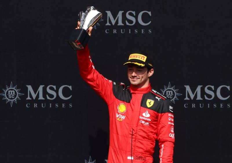 Charles Leclerc (MON) Ferrari celebrates his third position on the podium. 30.07.2023. Formula 1 World Championship, Rd 13, Belgian Grand Prix, Spa Francorchamps, Belgium, Race Day. - www.xpbimages.com, EMail: requests@xpbimages.com © Copyright: Coates / XPB Images