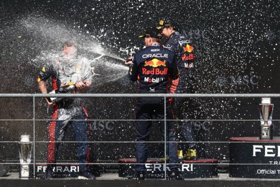Race winner Max Verstappen (NLD) Red Bull Racing celebrates with Sergio Perez (MEX) Red Bull Racing and Greg Reeson (GBR) Red Bull Racing Tyre Technician on the podium.
30.07.2023. Formula 1 World Championship, Rd 13, Belgian Grand Prix, Spa Francorchamps, Belgium, Race Day.
- www.xpbimages.com, EMail: requests@xpbimages.com © Copyright: Coates / XPB Images