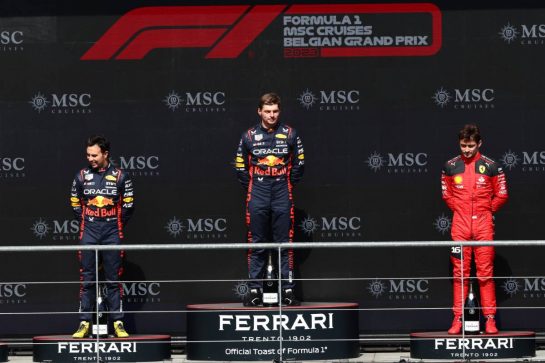 The podium (L to R): Sergio Perez (MEX) Red Bull Racing, second; Max Verstappen (NLD) Red Bull Racing, race winner; Charles Leclerc (MON) Ferrari, third.
30.07.2023. Formula 1 World Championship, Rd 13, Belgian Grand Prix, Spa Francorchamps, Belgium, Race Day.
- www.xpbimages.com, EMail: requests@xpbimages.com © Copyright: Coates / XPB Images