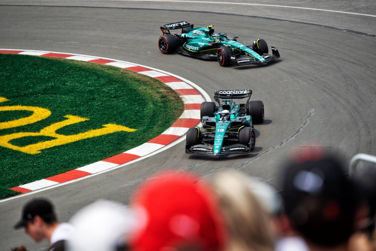 Lance Stroll (CDN) Aston Martin F1 Team AMR23 leads team mate Fernando Alonso (ESP) Aston Martin F1 Team AMR23. 16.06.2023. Formula 1 World Championship, Rd 9, Canadian Grand Prix, Montreal, Canada, Practice Day. - www.xpbimages.com, EMail: requests@xpbimages.com © Copyright: Price / XPB Images