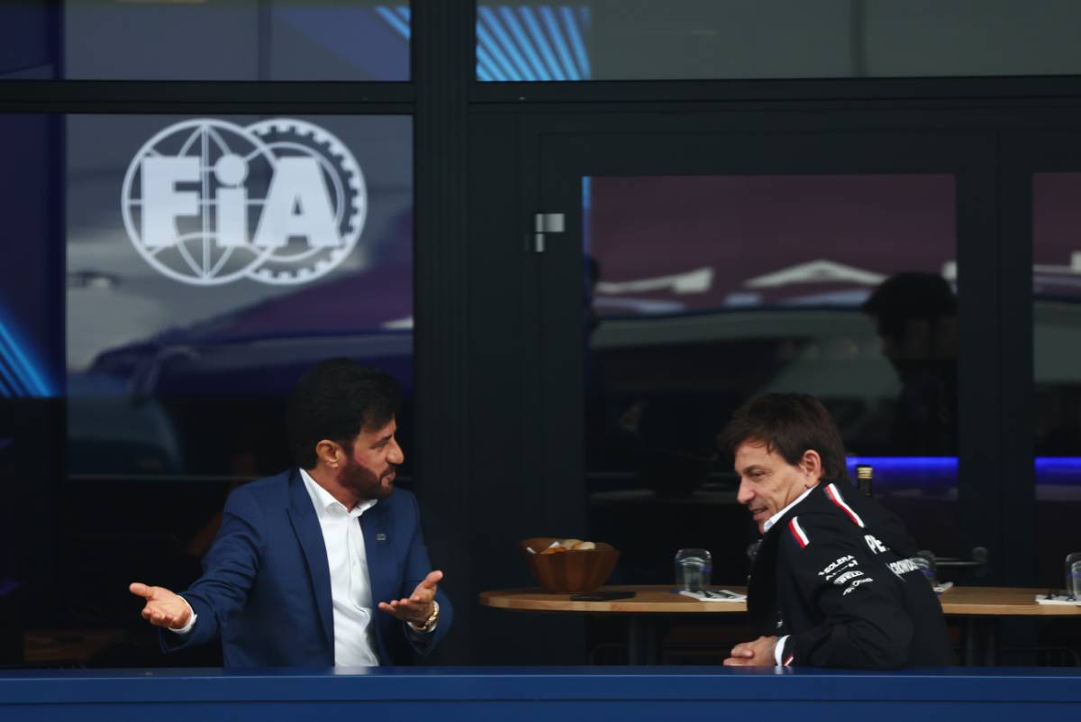 (L to R): Mohammed Bin Sulayem (UAE) FIA President with Toto Wolff (GER) Mercedes AMG F1 Shareholder and Executive Director. 08.07.2023. Formula 1 World Championship, Rd 11, British Grand Prix, Silverstone, England, Qualifying Day. - www.xpbimages.com, EMail: requests@xpbimages.com © Copyright: Coates / XPB Images