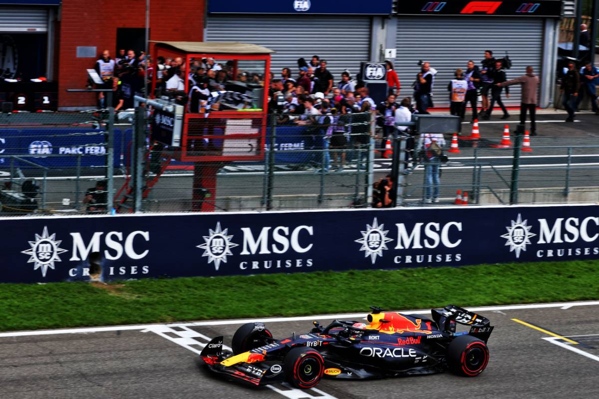 Race winner Max Verstappen (NLD) Red Bull Racing RB19 takes the chequered flag at the end of the race. 30.07.2023. Formula 1 World Championship, Rd 13, Belgian Grand Prix, Spa Francorchamps, Belgium, Race Day. - www.xpbimages.com, EMail: requests@xpbimages.com © Copyright: Coates / XPB Images